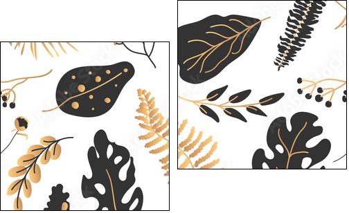 Gold black tropical leaves seamless pattern. Abstract limitless background with exotic floral flat cartoon elements, botany sign. Repeat ornament for paper wrap, fabric, print. Vector illustration - Two-piece canvas, Diptych