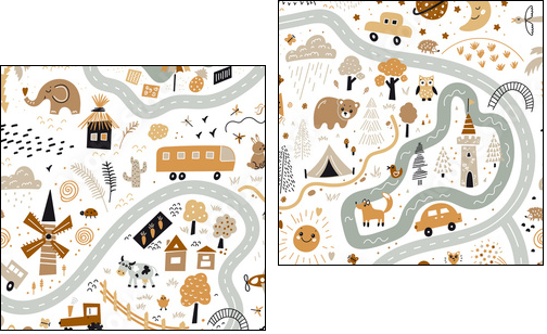 Children's World Map. Travel around the world play mat for Kids. Baby land map vector seamless pattern. Kid carpet with cute doodle roads, nature, city, village, forest, sea and wild animals etc. - Two-piece canvas, Diptych