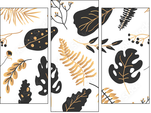 Gold black tropical leaves seamless pattern. Abstract limitless background with exotic floral flat cartoon elements, botany sign. Repeat ornament for paper wrap, fabric, print. Vector illustration - Three-piece canvas, Triptych