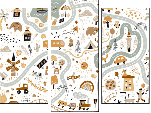 Children's World Map. Travel around the world play mat for Kids. Baby land map vector seamless pattern. Kid carpet with cute doodle roads, nature, city, village, forest, sea and wild animals etc. - Three-piece canvas, Triptych