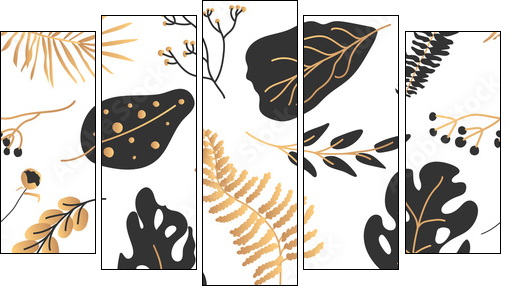 Gold black tropical leaves seamless pattern. Abstract limitless background with exotic floral flat cartoon elements, botany sign. Repeat ornament for paper wrap, fabric, print. Vector illustration - Five-piece canvas, Pentaptych