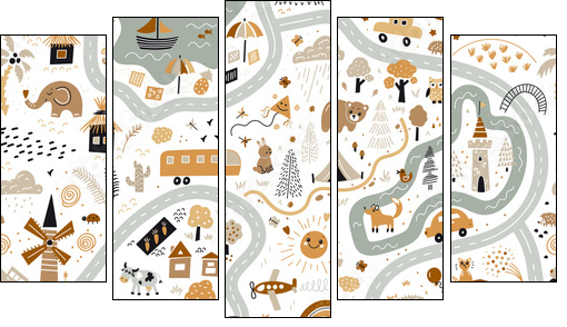 Children's World Map. Travel around the world play mat for Kids. Baby land map vector seamless pattern. Kid carpet with cute doodle roads, nature, city, village, forest, sea and wild animals etc. - Five-piece canvas, Pentaptych