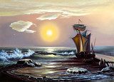 Voilier au crépuscule sur mer agitée