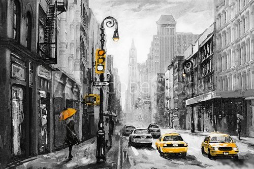 Pluie urbaine aux taxis éclatants