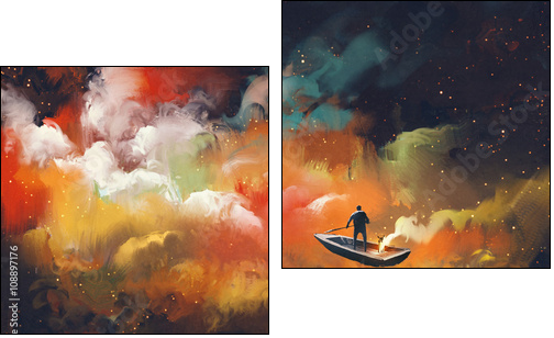 man on a boat in the outer space with colorful cloud,illustration - Two-piece canvas, Diptych