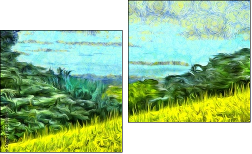 grass filled hillside against a background of trees and a blue sky - Two-piece canvas, Diptych