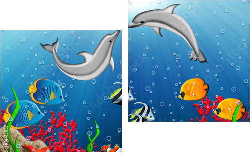 Underwater world with dolphins and tropical fishes - Two-piece canvas, Diptych