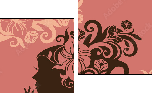 Beautiful woman silhouette with a flowers - Two-piece canvas, Diptych