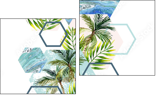 Watercolor tropical leaves and palm trees in geometric shapes seamless pattern - Two-piece canvas, Diptych