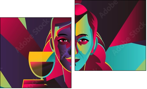 cubist colorful girl drinking wine - Two-piece canvas, Diptych