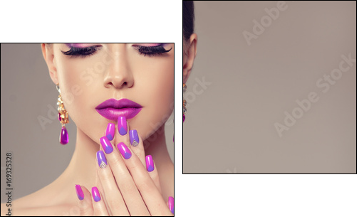 Beautiful girl model with fashion violet make-up and purple design manicure on nails . Jewelry and cosmetics , large violet earrings - Two-piece canvas, Diptych