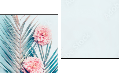 Creative layout with tropical palm leaves and pastel pink flowers on  turquoise blue desktop background, top view, place for text, vertical - Two-piece canvas, Diptych
