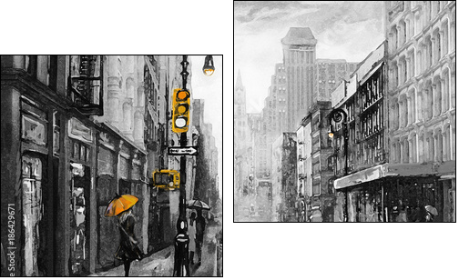 oil painting on canvas, street view of New York, man and woman, yellow taxi,  modern Artwork,  American city, illustration New York - Two-piece canvas, Diptych