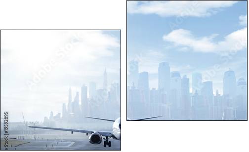 Big aircraft on runway in big city - Two-piece canvas, Diptych