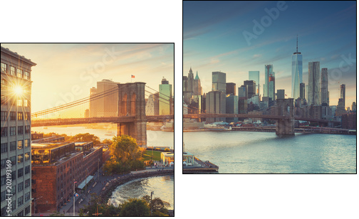 Retro style New York Manhattan with Brooklyn Bridge and Brooklyn Bridge Park in the front. - Two-piece canvas, Diptych