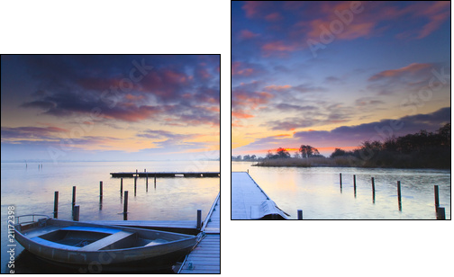 Peaceful sunrise with dramatic sky and boats and a jetty - Two-piece canvas, Diptych