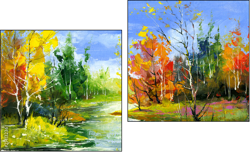 Autumn landscape with the wood river - Two-piece canvas, Diptych