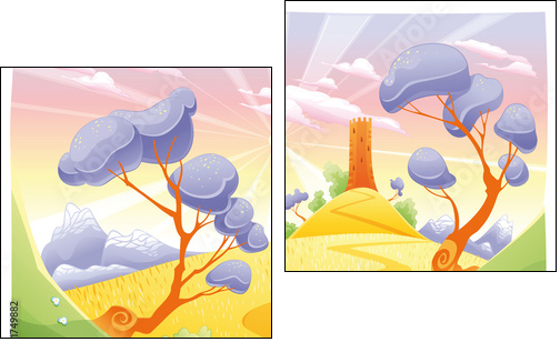 Landscape with tower. Funny cartoon and vector illustration. - Two-piece canvas, Diptych