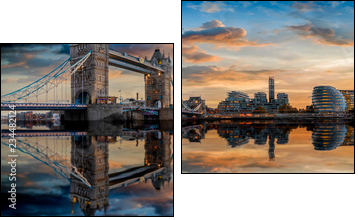 Die Skyline von London: von der Tower Bridge bis zum Tower nach Sonnenuntergang mit Reflektionen in der Themse - Two-piece canvas, Diptych