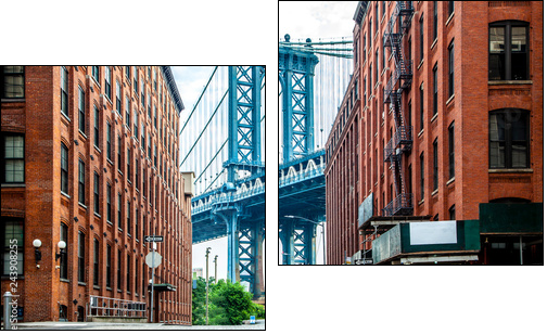 Manhattan Bridge between Manhattan and Brooklyn over East River seen from a narrow alley enclosed by two brick buildings on a sunny day in Washington street in Dumbo, Brooklyn, NYC - Two-piece canvas, Diptych