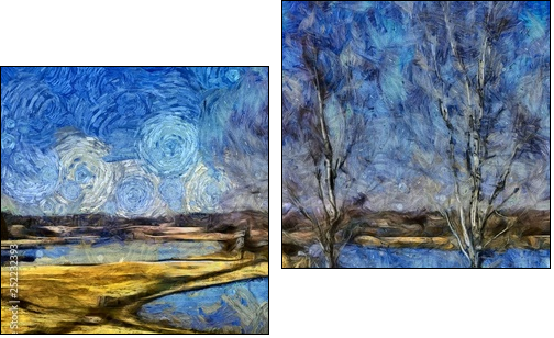 Incredible beauty of nature landscape. Spring season. Impressionism oil painting in Vincent Van Gogh modern style. Creative artistic print for canvas or textile. Wallpaper, poster or postcard design. - Two-piece canvas, Diptych