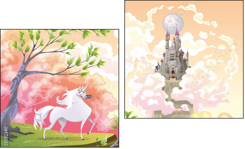 Unicorn and mythological landscape. Vector illustration - Two-piece canvas, Diptych