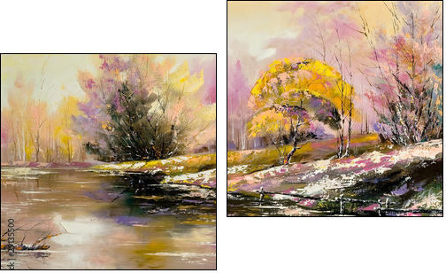 Autumn landscape with snow and the river - Two-piece canvas, Diptych