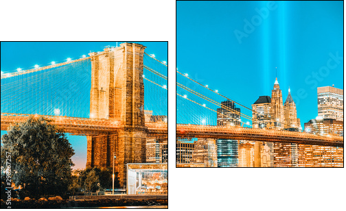 New York night view of the Lower Manhattan and the Brooklyn Bridge across the East River. - Two-piece canvas, Diptych