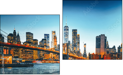 New York night view of the Lower Manhattan and the Brooklyn Bridge across the East River. - Two-piece canvas, Diptych
