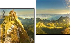 Great panoramic view of morning mountains in Switzerland with Lake Zürich and many tops in autumn - Two-piece canvas, Diptych