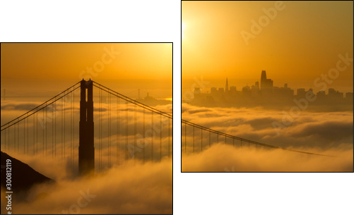 Spectacular Golden Gate Bridge sunrise with low fog and city view - Two-piece canvas, Diptych