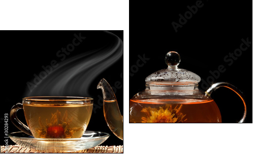 Glass teapot and a cup of green tea on a black background - Two-piece canvas, Diptych