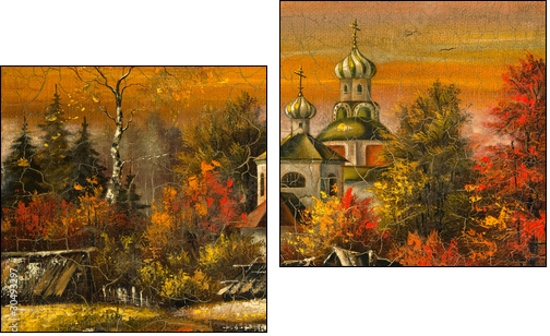 Ancient picture. Church in village - Two-piece canvas, Diptych