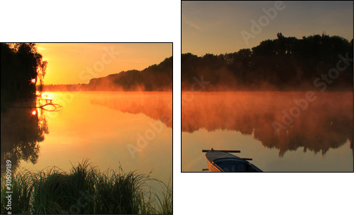 Boat on the shore of a misty lake - Two-piece canvas, Diptych