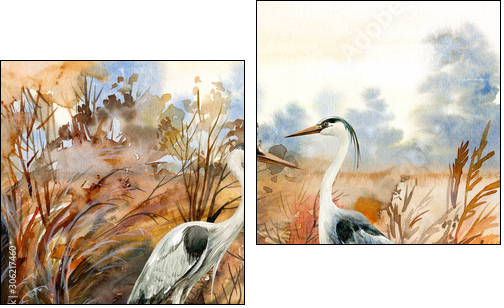 autumn landscape with birds  crane, watercolor illustration - Two-piece canvas, Diptych