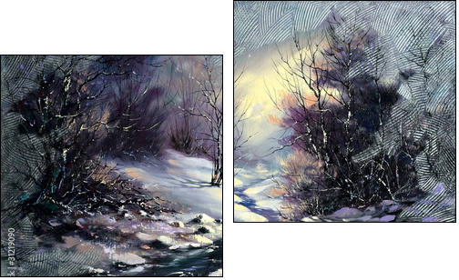 Landscape with winter wood small river - Two-piece canvas, Diptych