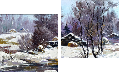 Small house in winter village - Two-piece canvas, Diptych