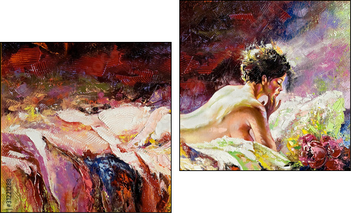 The naked girl laying on a bed - Two-piece canvas, Diptych