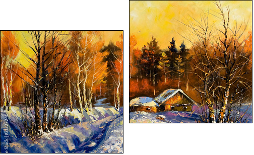 Evening in winter village - Two-piece canvas, Diptych