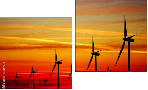 Wind turbines farm at sunset - Two-piece canvas, Diptych