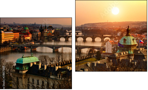 Panoramic view on Charles bridge and sunset Prague lights. - Two-piece canvas, Diptych