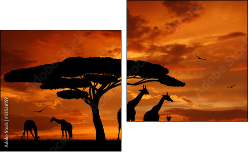 herd of giraffes in the setting sun - Two-piece canvas, Diptych