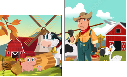 Farmer at the farm with animals - Two-piece canvas, Diptych