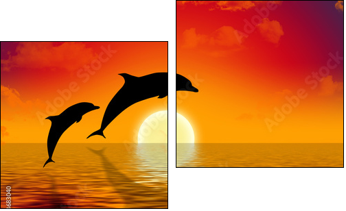 illustration of two dolphins swimming in sunset - Two-piece canvas, Diptych