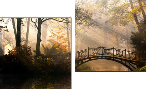 Autumn - Old bridge in autumn misty park - Two-piece canvas, Diptych