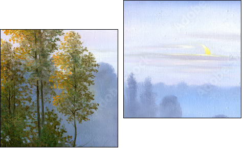 the boat on the bank of the lake, a canvas, oil - Two-piece canvas, Diptych