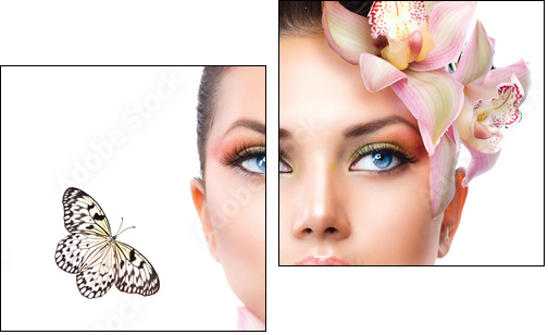 Beautiful Girl With Orchid Flowers and Butterfly - Two-piece canvas, Diptych