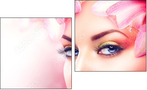 Beautiful Girl With Orchid Flowers. Beauty Woman Face - Two-piece canvas, Diptych