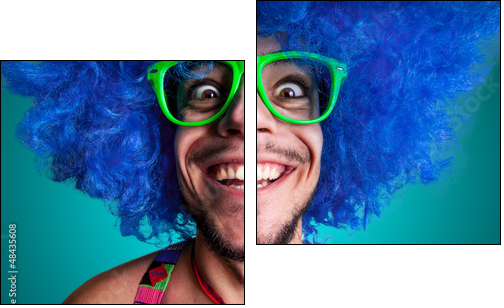 Funny guy naked with blue wig and red tie - Two-piece canvas, Diptych