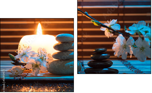 fiori di mandorla con candela e pietre bianche e nere - Two-piece canvas, Diptych